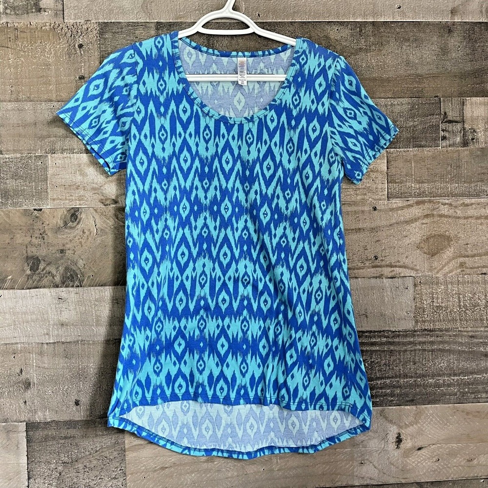 LuLaRoe Womens XXS Teal Blue Short Sleeve Top‎ High Low Geometric Striped Print